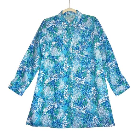 LILLY PULITZER Lagoon Linen Cover-Up Shirt Dress Women S Oversize Beach Resort - Picture 6 of 16
